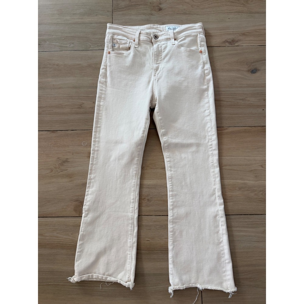 AG Adriano Goldschmied‎ Farrah Boot Crop High Rise Jeans Ivory Cream 27 Raw Hem